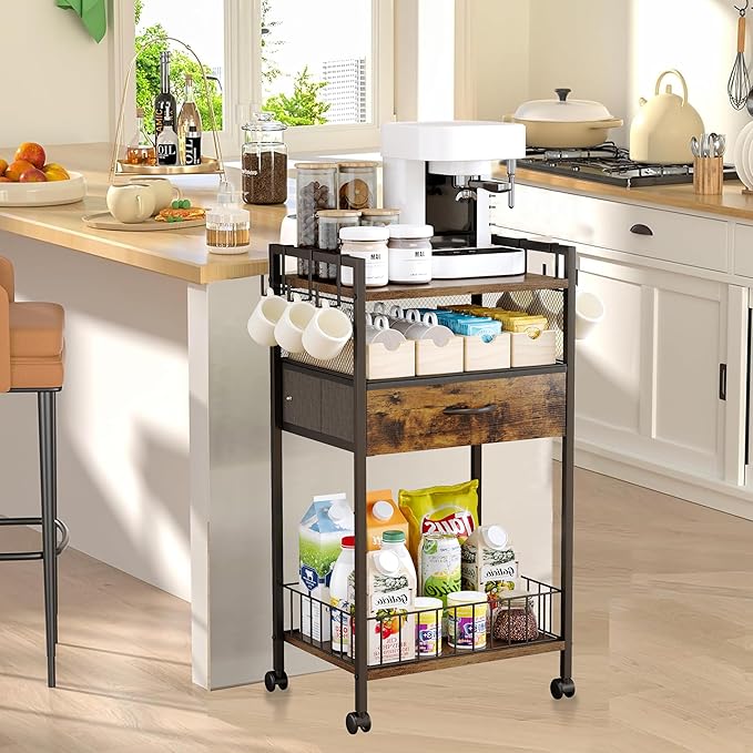Small Coffee Bar Cart with Drawer Srorage, Coffee Bar Station Organizer Mug Cup - Image 4