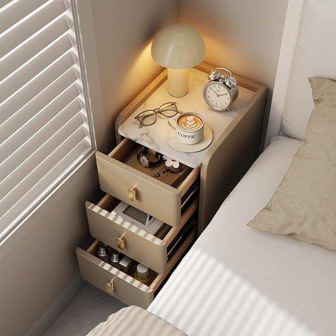 Narrow Nightstand with Drawers, Narrow Side Table Leather, Small Bedside Tables - Image 4