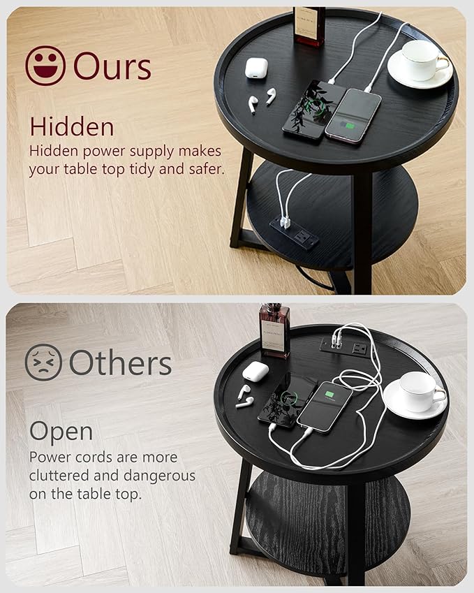 Round End Table with Charging Station, 19.7" Dia x 23.63" H, Side Table with - Image 6