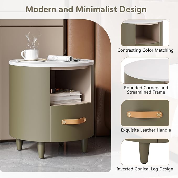 Merax Round Nightstand with Storage Drawer, MDF Contemporary Modern Bedside - Image 8