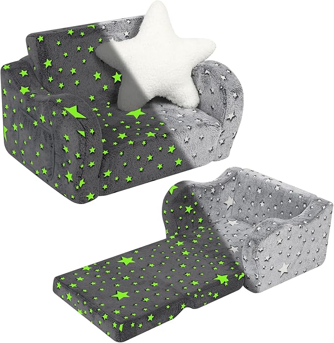 Star Glow in The Dark Toddler Couch, 2-in-1 Toddler Soft Couch Fold Out by MOMCAYWEX