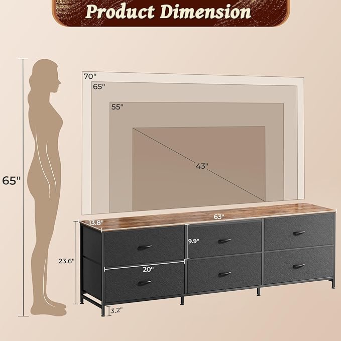 Huuger 63 Inch Long Dresser for Bedroom, Wide TV Stand for 55, 70 Inch TV - Image 3