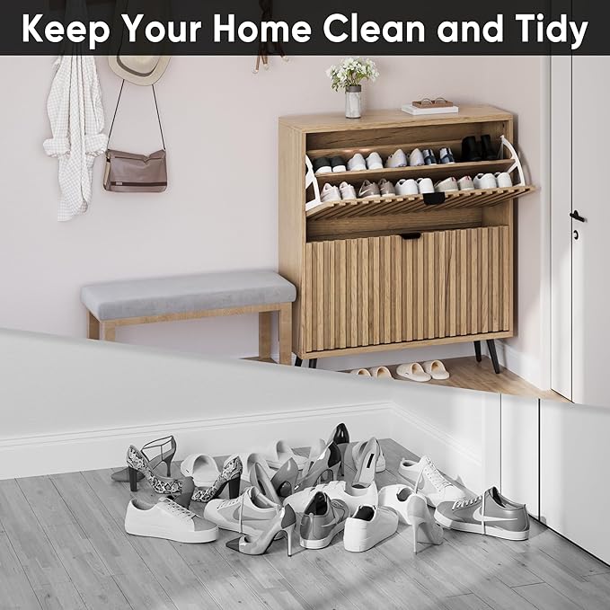 Smuxee Shoe Cabinet with 2 Flip Drawers, 31.5" Natural Hidden Shoe Storage - Image 2
