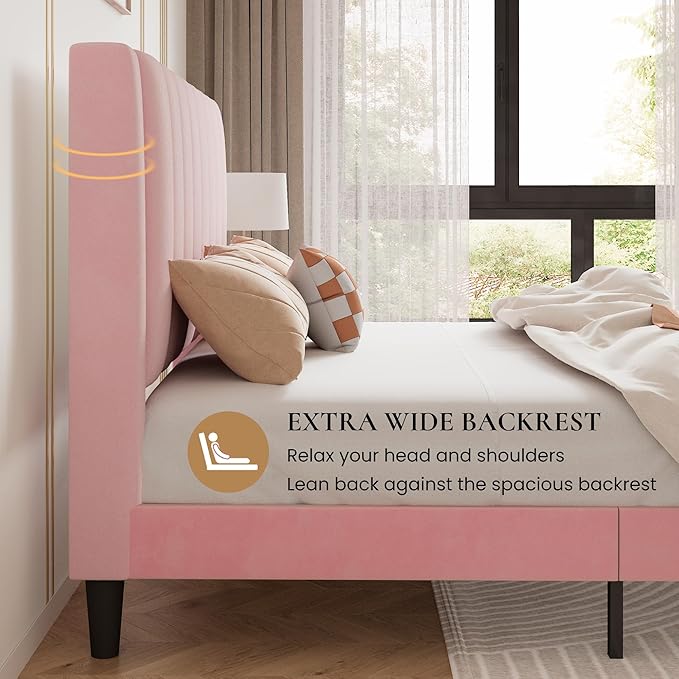 SHA CERLIN Twin Bed Frame/Velvet Upholstered Platform Bed Frame - Image 6