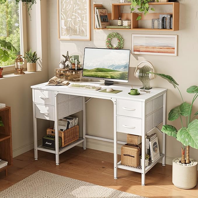 Huuger 47 Inch White Desk with 4 Drawers, Vanity Desk with Mesh Shelf, Study - Image 8