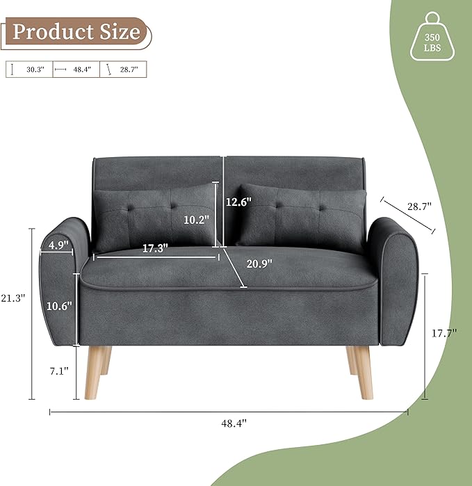 Shintenchi Small Modern Loveseat Couch Sofa, Mid Century Fabric Upholstered - Image 2