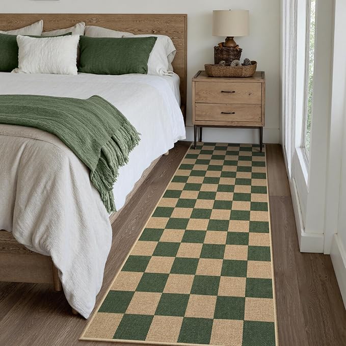 Lahome Checkered Outdoor Runner Rug, 2x8 Green Kitchen Runner Rugs - Image 7