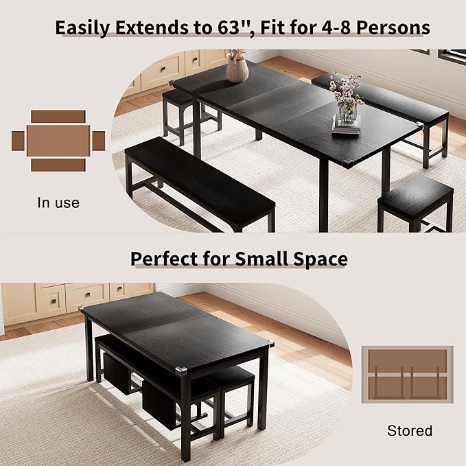 5-Piece Dining Table Set for 4-6, Metal Frame & MDF Board, Farmhouse - Image 3