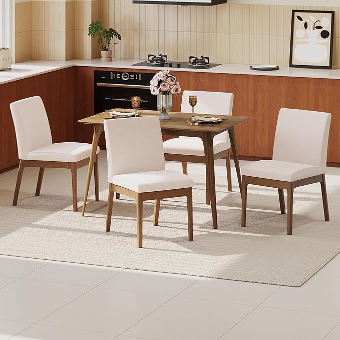 Dining Table Set for 4, Solid Rubberwood Upholstered Chairs, Mid-Century Modern - Image 2