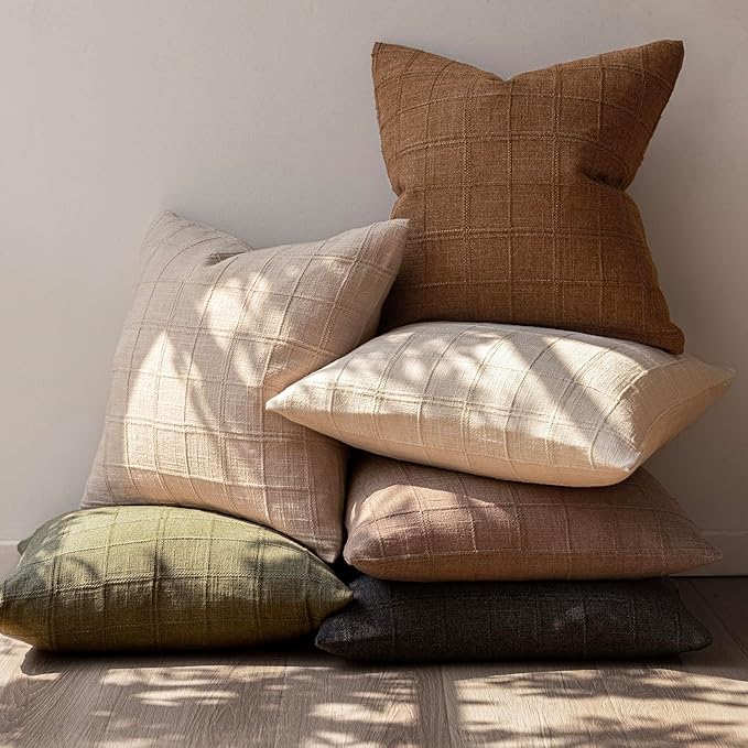 Foindtower Set of 2 Decorative Linen Check Throw Pillow Covers Neutral - Image 6
