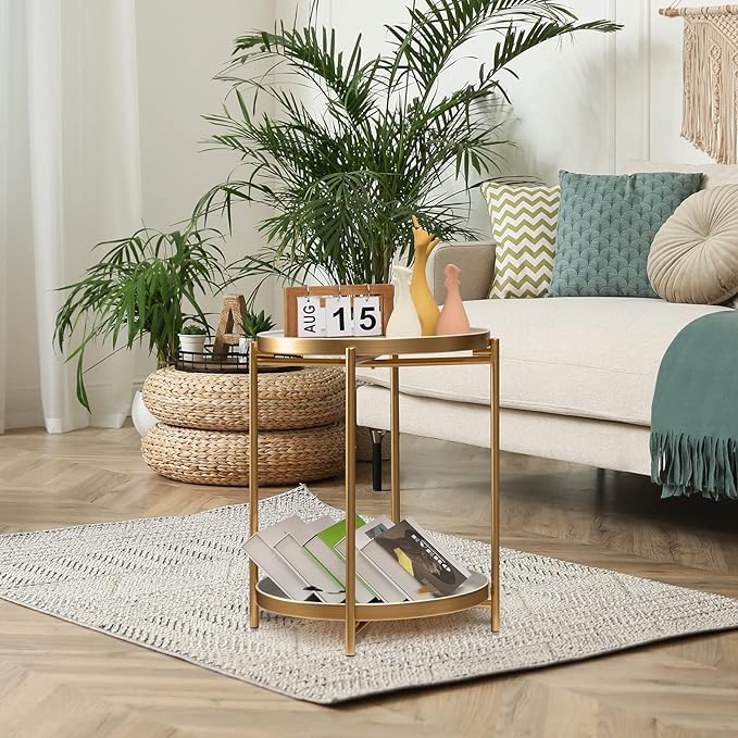TeoKJ 2 Tier Gold Side Table, Folding Round Metal End Table Small Nightstand - Image 5