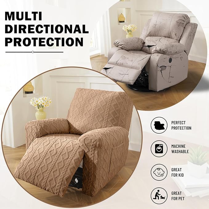 vctops 4 Pieces Geometric Jacquard Plush Recliner Slipcovers Soft Fuzzy Fluffy - Image 5