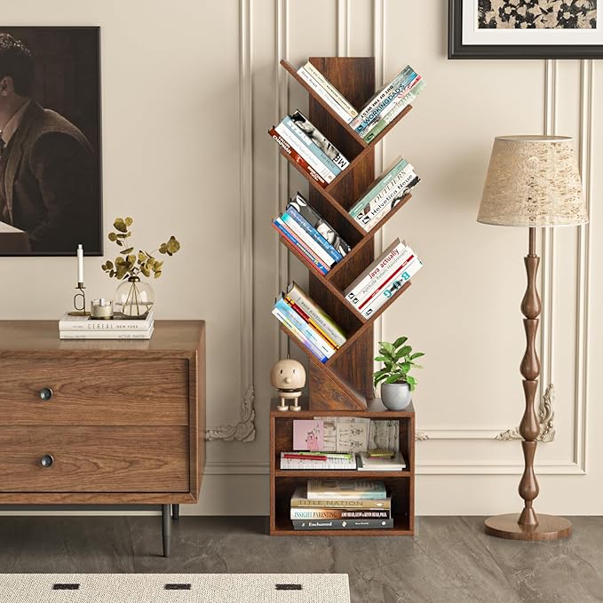10 Tier Tree Bookshelf, Floor Standing Wood Tall Bookcase - Image 2