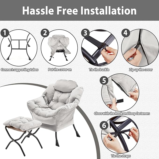 Lazy Chair with Folding Ottoman, Accent Chair Velvet Upholstered with Metal - Image 8