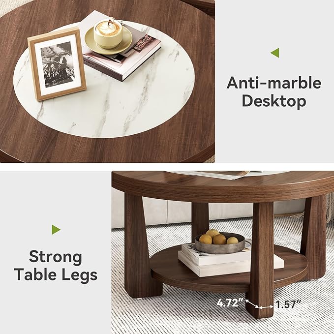LITTLE TREE Modern Round Coffee Table, 2-Tier Wood Coffee Table - Image 7