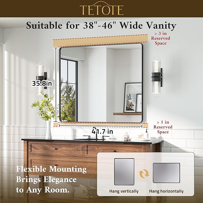 TETOTE 42 x 36 Black Bathroom Mirror Matte Black Metal Framed Vanity Mirror - Image 7