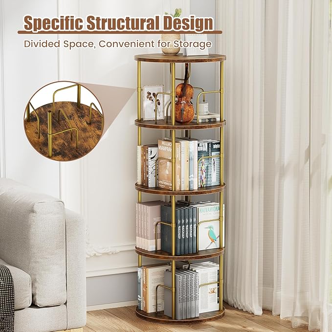 Rotating Bookshelf, 4 Tier Spinning Bookshelf Tower, 360° Display Unique Round - Image 3