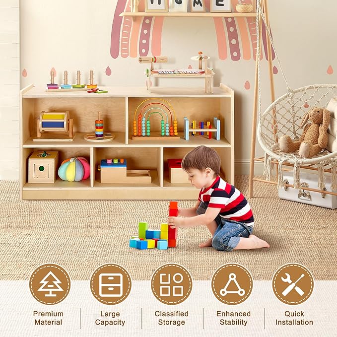 wingyz Wooden Storage Cabinet, 5-Section Montessori Bookshelf, Kids Toy Storage - Image 5