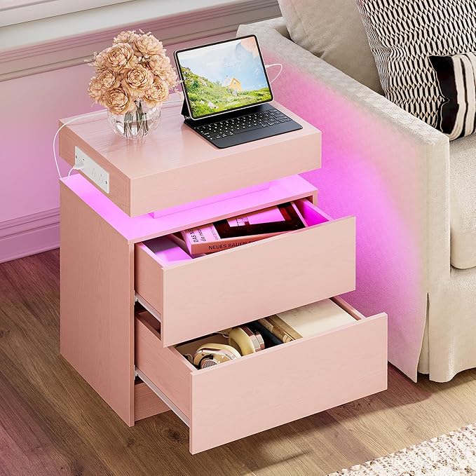LIKIMIO Night Stand with Charging Station, Modern Pink Nightstand with LED by LIKIMIO