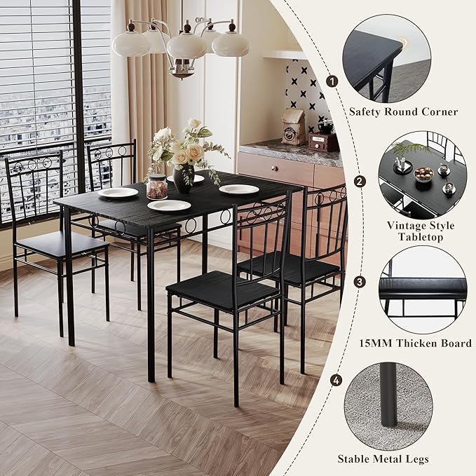 5 Piece Dining Table Set, Modern Metal&Wood Kitchen Dinner Table - Image 5