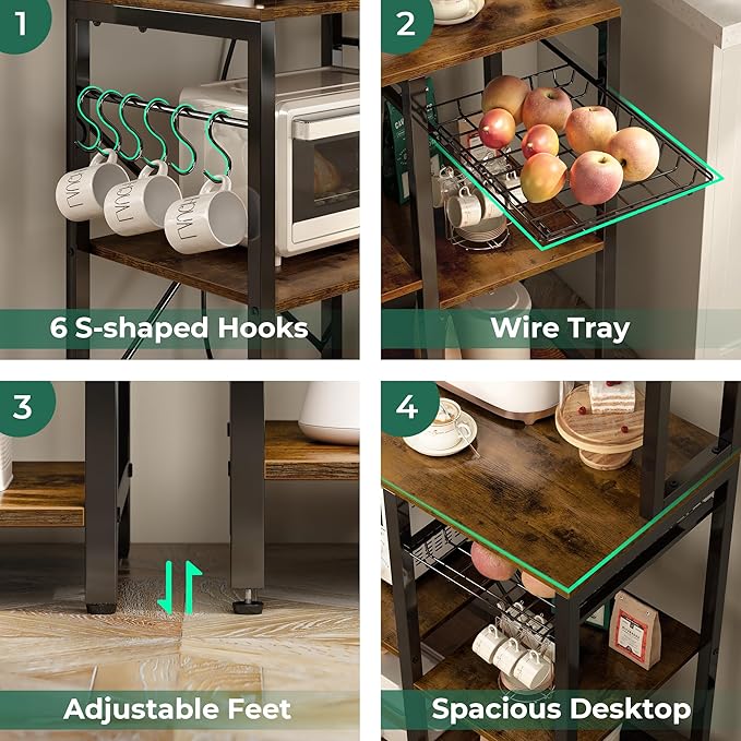SUPERJARE Bakers Rack with Power Outlet, 35.4 Inches Coffee Bar with Wire Basket - Image 7