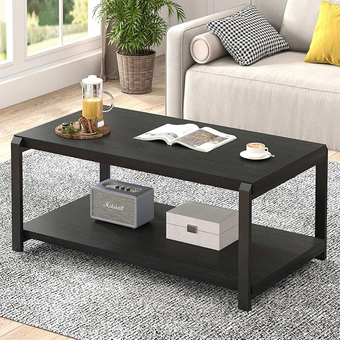 EXCEFUR Black Coffee Table, Modern Rustic Wood Center Table by EXCEFUR