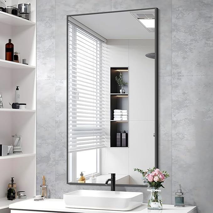 48x24In Black Bathroom Mirror for Wall, Rectangle Mirrors by Welcometocofeny