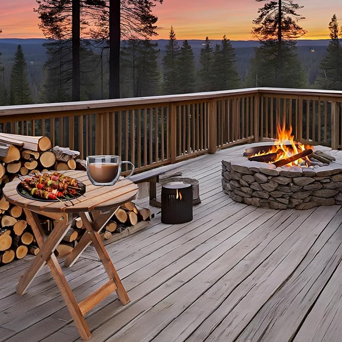Outdoor Patio Side Table Round Small Wood End Table Folding Coffee Furniture - Image 6