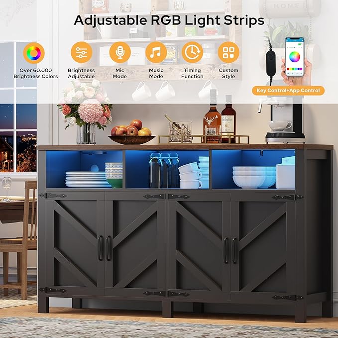 Buffet Sideboard with Storage with Power Outlets & LED Light 4 Doors, Dining - Image 3