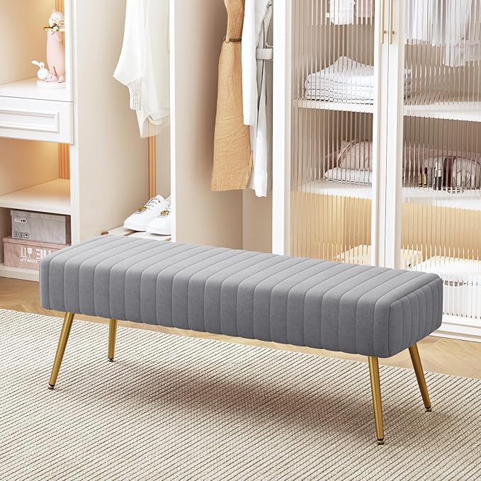 Furniliving 44 Inch Bedroom Benches, Upholstered Tufted Striped Fabric Ottoman - Image 2