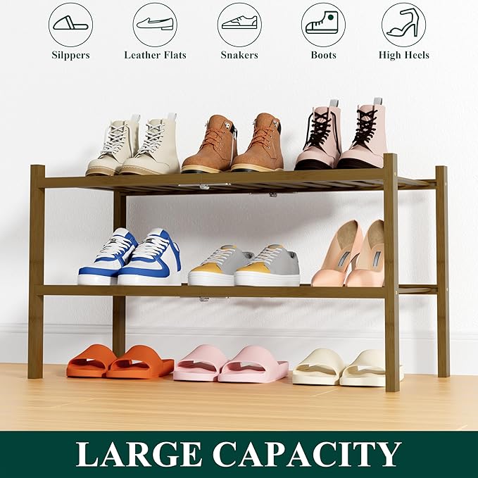 Smiry Shoe Rack, 2 Tier Thick Bamboo Shoe Organizer, Stackable Free Standing - Image 6