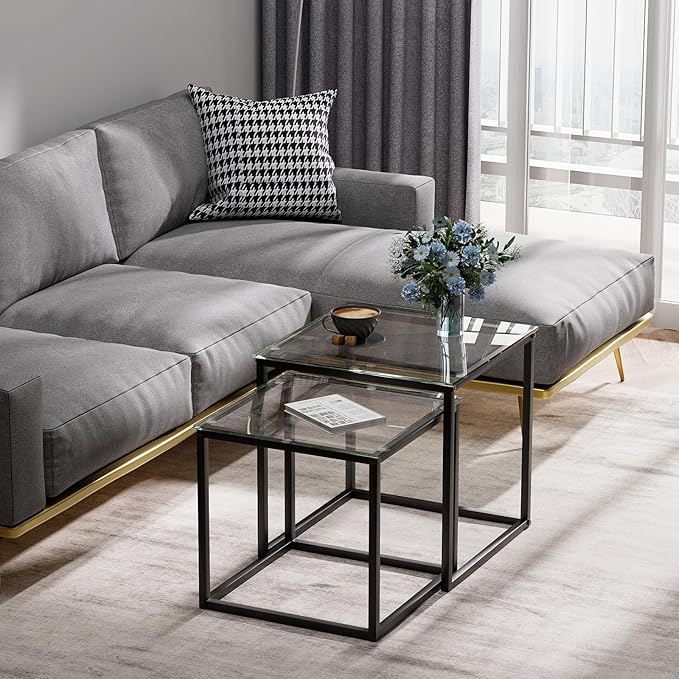Garden 4 you Coffee Table Set of 2, Modern Glass Nesting Table, Metal Frame - Image 3