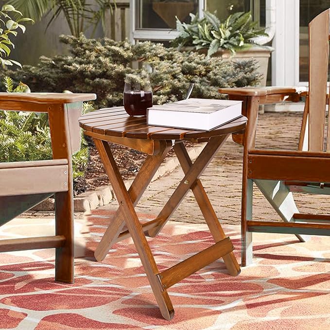 Outdoor Patio Side Table Set of 2 Small Folding Wood Round End Table Coffee - Image 4