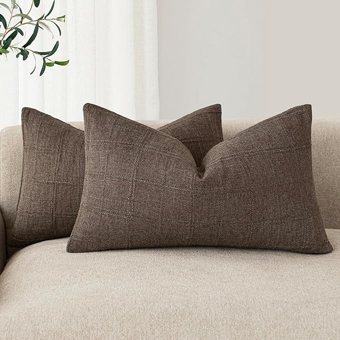 Foindtower Set of 2 Decorative Linen Check Throw Pillow Covers Neutral by Foindtower