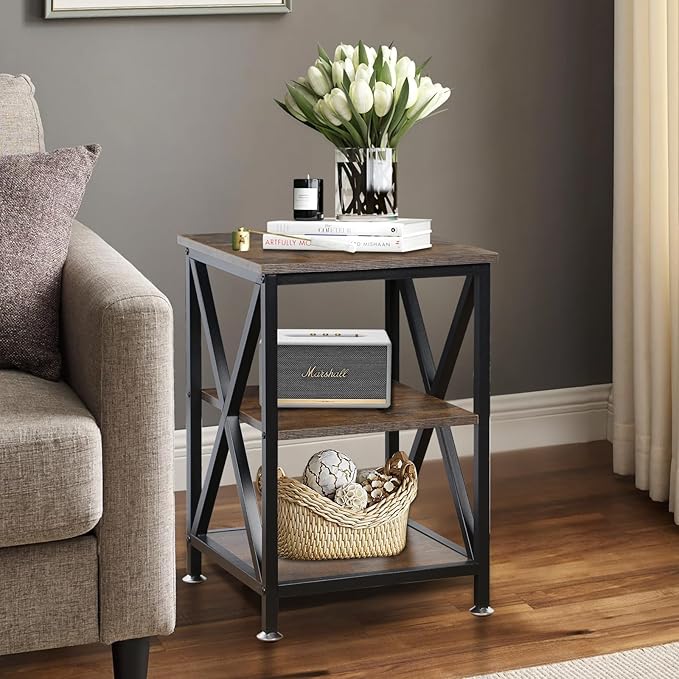 Square End Table with Storage Shelf, 3-Tier End Table Living Room, Rustic Brown - Image 9