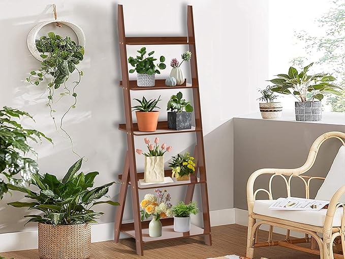 DOUSY-5-Tier Ladder Shelf Bookcase, Bamboo Ladder Bookshelf Leaning Book Shelf - Image 7