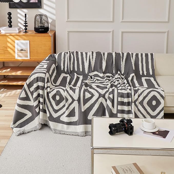 STACYPIK Boho Dark Grey Couch Cover, Soft Reversible Chenille Sofa Cover - Image 2
