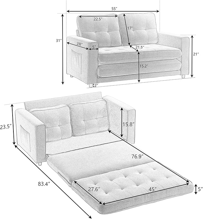 ERYE 3 Fold Tufted Upholstered Futon Sofa Bed Modern Convertible Foldable Floor - Image 2