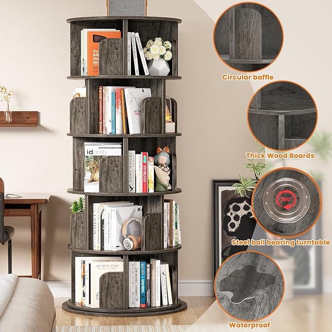 Rotating Bookshelf Tower, 5 Tier Spinning Bookcase, Revolving 360 Book Shelf - Image 8