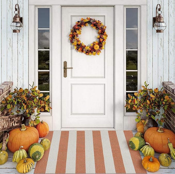 OJIA Fall Front Door Mat 24"x36" Cotton Woven Washable Striped Porch Rug Indoor by OJIA