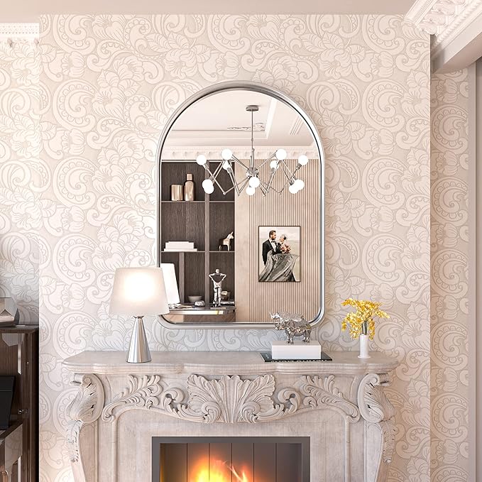 TokeShimi Arched Brushed Silver Bathroom Mirror 26x38 Inch - Image 2