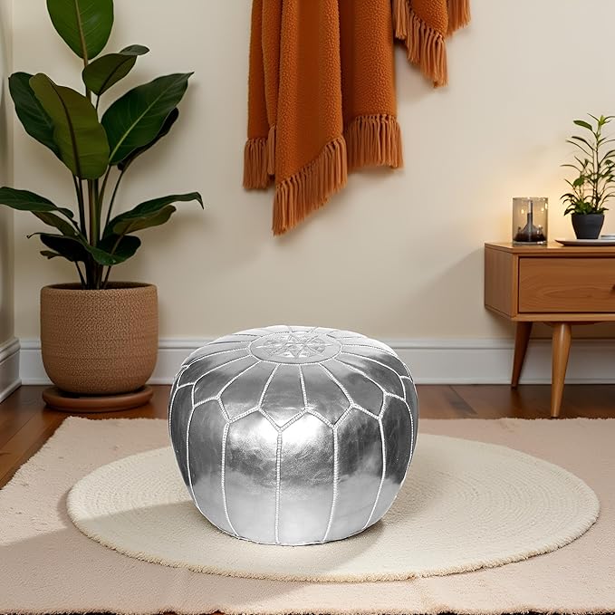 Stuffed Round Design Moroccan Leather Pouf Ottoman, Pre-Filled, 100% Genuine - Image 2