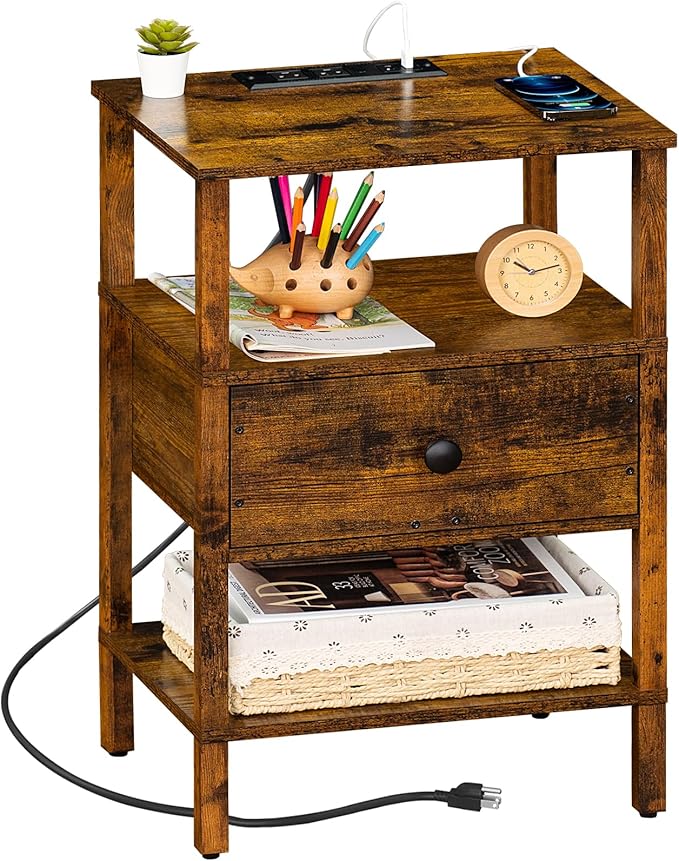 Lerliuo Nightstand with Charging Station and USB Ports, 3-Tier Storage End by Lerliuo