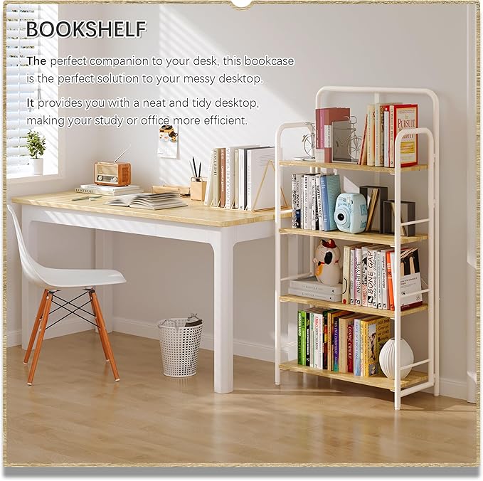 4NM No Assembly Folding Bookshelf 4 Tiers Vintage Industrial White Book Shelf - Image 3
