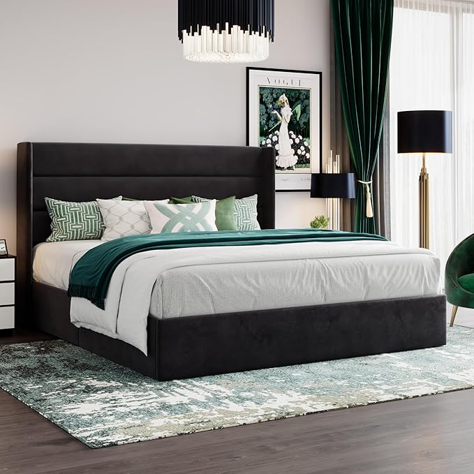 SHA CERLIN King Size Lift Up Storage Bed/Velvet Upholstered/Modern Wingback - Image 8
