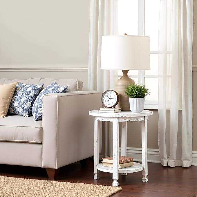 Rustic Cottage Round End Table w/ 1 Shelf, Farmhouse Style - Image 2