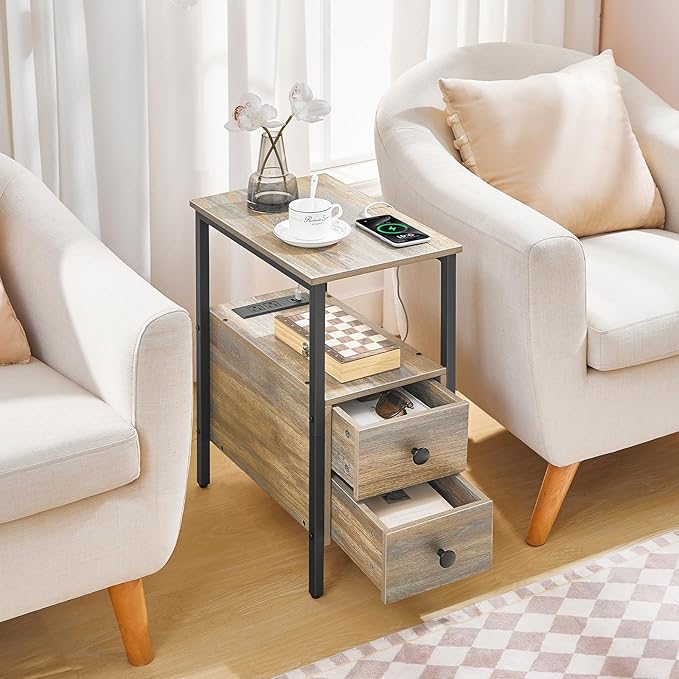 HOOBRO End Table with Charging Station, Narrow Side Table with 2 Drawer & USB - Image 2