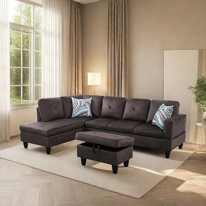 L Shaped Sectional Sofa with Ottoman, Microfiber Right Facing Modern Couches by GlasFlength
