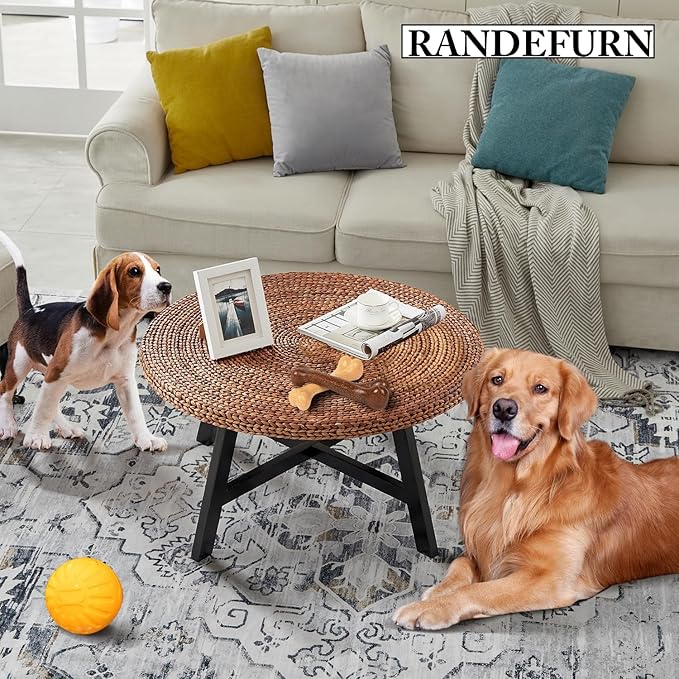 RANDEFURN Round Coffee Table, Seagrass Coffee Solid Pine Wood X Base Frame - Image 5