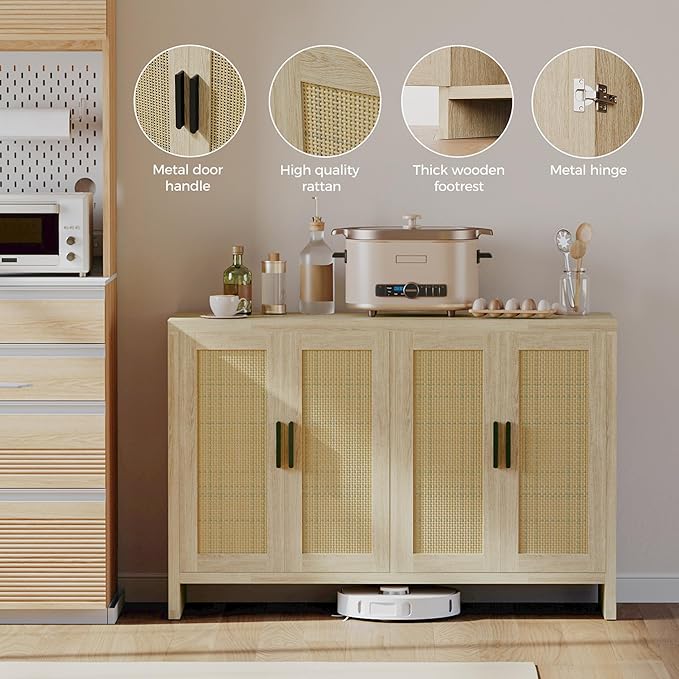 Rattan Buffet Cabinet with Storage, Sideboard with Doors, TV Stand, Farmhouse - Image 4